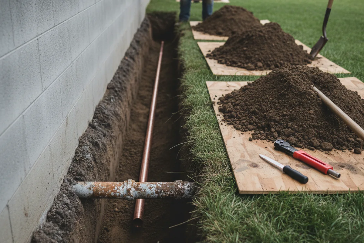 Excavated water line trench during Water Softener Installation in Williamsburg